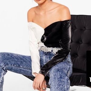 NWT Nasty Gal Half and Half Two-Tone Colorblock Off Shoulder Shimmer Crop Top 2